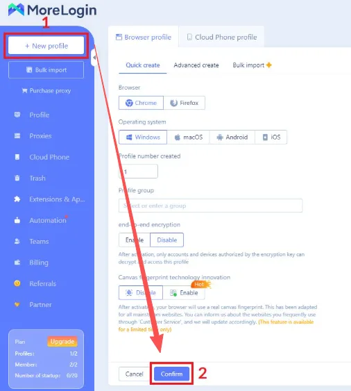 Creating a new browser profile in MoreLogin: choose browser and operating system, name the profile group, set encryption, then confirm