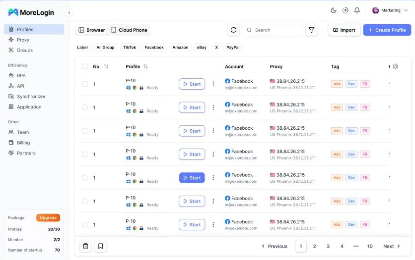 The MoreLogin profile list: one row per browser profile, each showing its own account, assigned proxy with region, status and tags