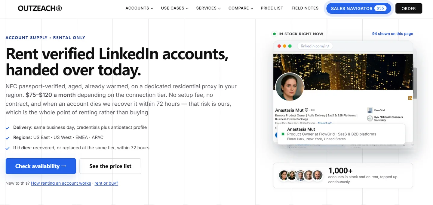 The Outzeach homepage: rental-only account supply, delivery the same business day, $75 to $120 a month depending on the connection tier