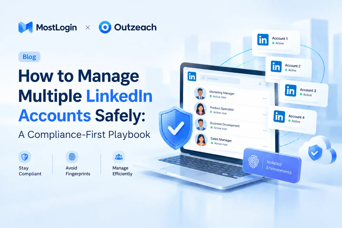 MostLogin and Outzeach co-branded banner for the article How to Manage Multiple LinkedIn Accounts Safely: A Compliance-First Playbook, with the captions Stay Compliant, Avoid Fingerprints and Manage Efficiently