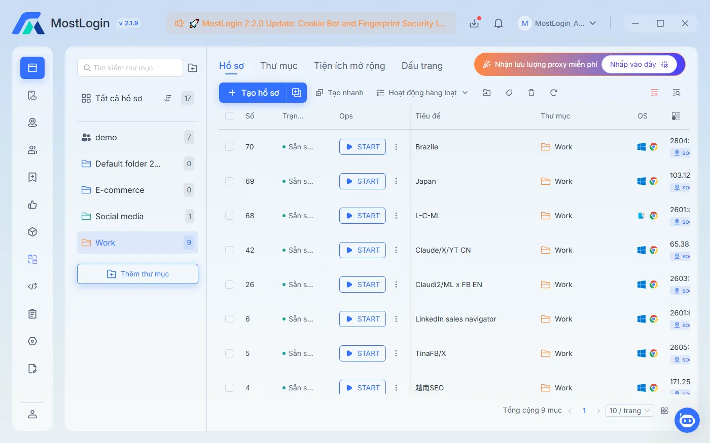 The MostLogin desktop app: a folder tree on the left grouping profiles into demo, E-commerce, Social media and Work, and a profile list on the right with a start button, folder and operating system per row